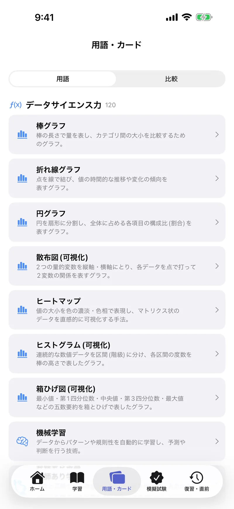 DS検定 リテラシー 模試問題集の画面:用語・比較カードで総仕上げ