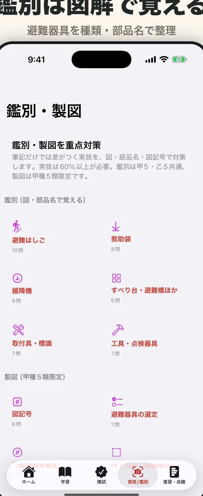 鑑別対策の画面。金属製避難はしご・救助袋・緩降機の部品の写真から名称・用途を答える実技問題。